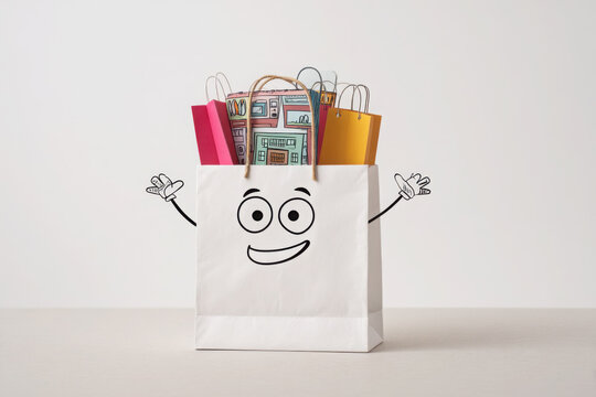 Happy cartoon shopping bag with arms and a face, filled with colorful goods, ideal for retail graphics, sales events, and signage.  copy, text space.