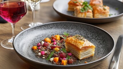 Elegant Plated Meal with Pastry and Colorful Vegetable Salad