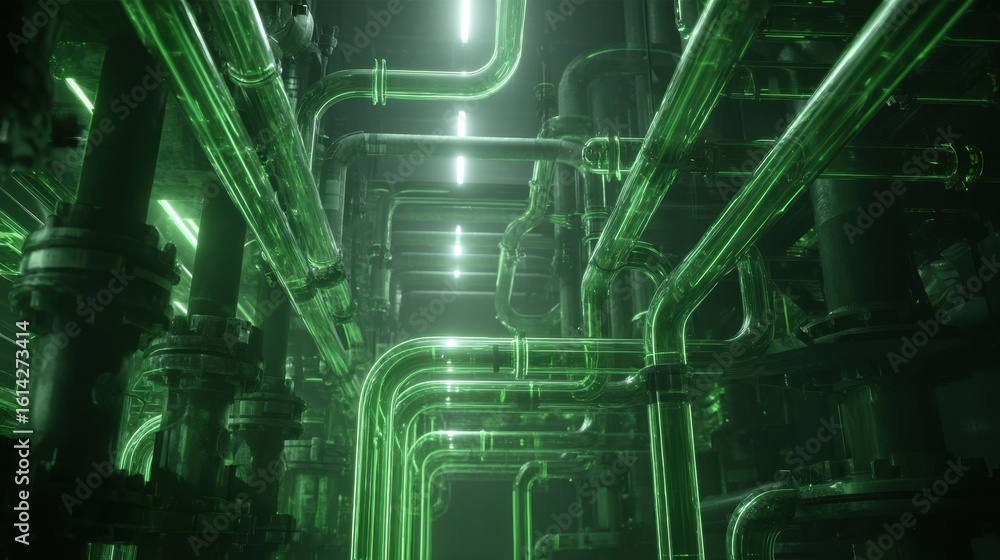 Poster complex network of transparent pipes and valves transporting glowing green liquid within a dimly lit