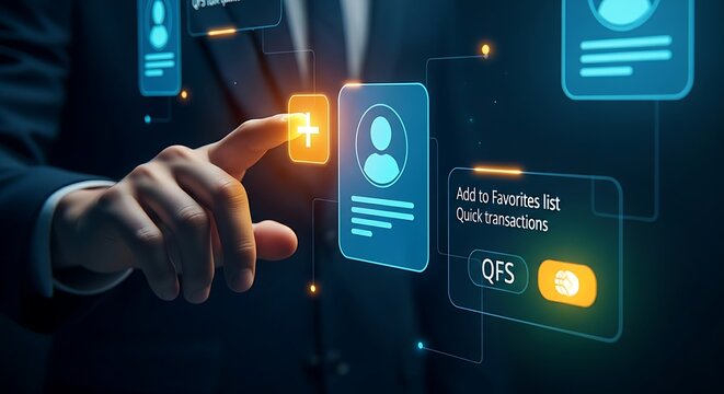QFS favorite contact concept. Hand adds a contact to a favorites list on a holographic interface for quick Quantum Financial System transactions.