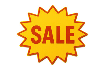 Naklejka premium Red sale sign on a bright yellow starburst with transparent background, ideal for retail promotion