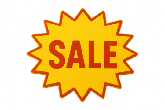 Red sale sign on a bright yellow starburst with transparent background, ideal for retail promotion