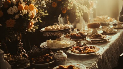 Fototapeta premium Elegant Table Setting with Assorted Desserts and Floral Arrangements