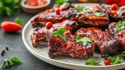 Delicious Barbecue Ribs Garnished with Fresh Herbs and Red Sauce