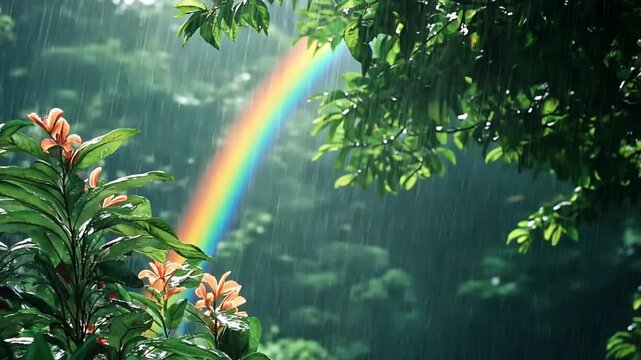 Orange flowers and green leaves in the foreground with a colorful rainbow appearing through the rain in a lush jungle