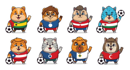 A charming collection of cute hamster cartoon mascots for a soccer team. Each animal character wears a national flag jersey and holds a football.