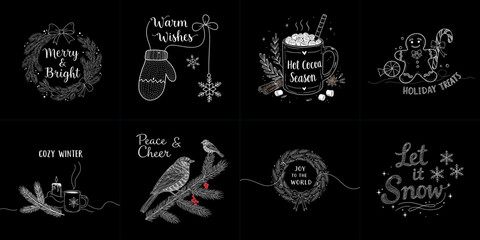 Hand-Drawn Chalkboard Christmas Tags. Festive winter illustrations: wreaths, gingerbread, hot cocoa, mittens, candles, birds, quotes. Ideal for holiday cards, labels, gift tags, decor