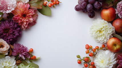 教材や表紙デザインに使いやすい白背景に秋の植物と果物を配置した構成、中央にポストカードのようなスペースを残した明るく整った印象のフラットレイアウト画像