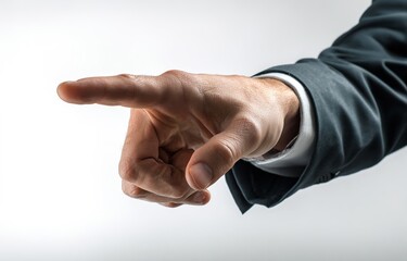 The image shows a person's hand in a suit making a pinching gesture. The white background is solid. It could be used for various concepts like business, communication, or interaction. High quality