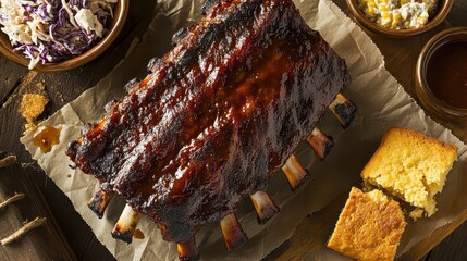 Delicious Barbecue Ribs with Sides on Rustic Wooden Table