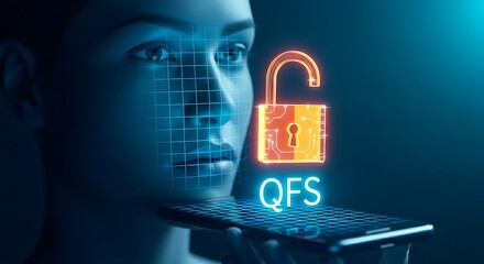 QFS facial recognition login. A face is scanned by a holographic grid, and a padlock icon unlocks, symbolizing secure access.