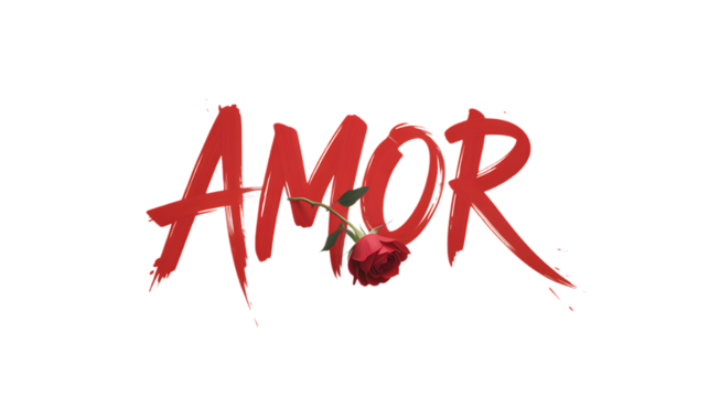 Red amor text with a rose stem lying across the o on a black isolated background - Powered by Adobe