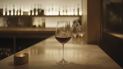 Elegant Wine Glass on Bar Top with Soft Lighting in Background