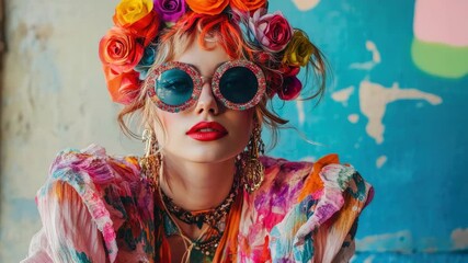 Vibrant abstract fashion portrait of young woman in colorful floral attire with round sunglasses - Powered by Adobe