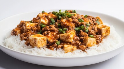 Delicious Mapo Tofu with Ground Meat Served Over White Rice