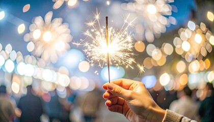 Hand Holding Sparkler with Colorful Fireworks Blurred in the Background at Night