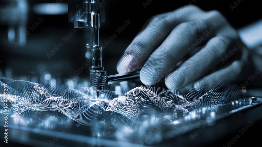 Poster technician manipulating a tool in a semiconductor lithography setup, emphasizing precise adjustments