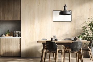 Modern kitchen interior with light wood blank wall and stylish dining area for creative design mockup or poster template display concept. 3D Rendering. High quality