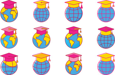 Naklejka premium Globe icon with graduation cap represents international education and global learning achievements