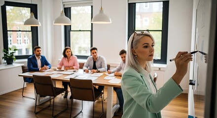 Diverse team collaborating in a modern office during a presentation