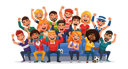 A large, diverse crowd of enthusiastic cartoon sports fans cheering together with passion in a stadium