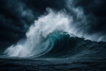 Obraz premium Powerful Ocean Wave Crash with Explosive White Water Spray Against Dramatic Storm Sky Background