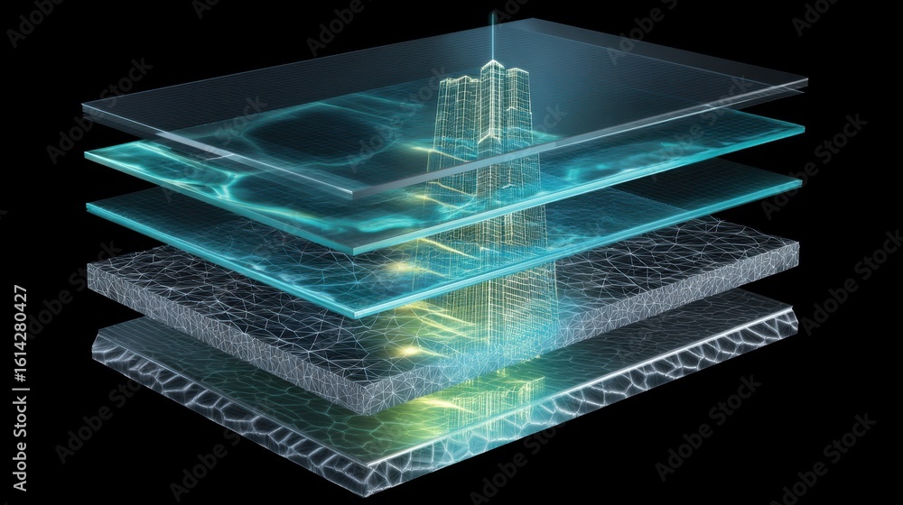 Aufkleber cross sectional view of a skyscraper pane illustrating the layered structure of hybrid glass showcas