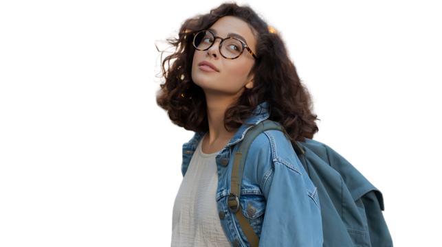 Portrait of a young woman with glasses and a backpack looking up and to the left