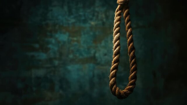 Rope noose with dark, shadowy background, tied in loop