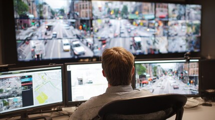 Experienced traffic engineer monitors live video feeds and data dashboards to manage and synchronize traffic signals during peak commute hours.