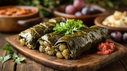 Delicious Stuffed Grape Leaves Served with Tomato Sauce and Herbs