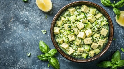 Fresh Green Salad with Tofu, Zucchini, and Basil on a Dark Surface