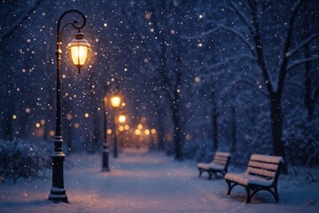 Magical winter wonderland scene with softly falling snowflakes illuminated by warm street lamps creating dreamy holiday atmosphere