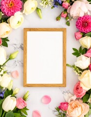 花々に囲まれた春色のフレーム背景Spring Floral Frame Background with Marble and Blooming Flowers	