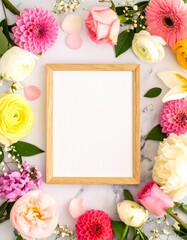 花々に囲まれた春色のフレーム背景Spring Floral Frame Background with Marble and Blooming Flowers	