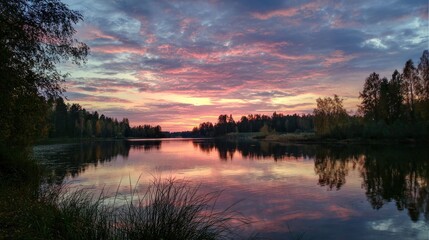 Obraz premium Serene autumn sunset over calm lake, colorful sky reflecting on water, trees in fall foliage, peaceful nature scene, ideal for calendar or travel brochure