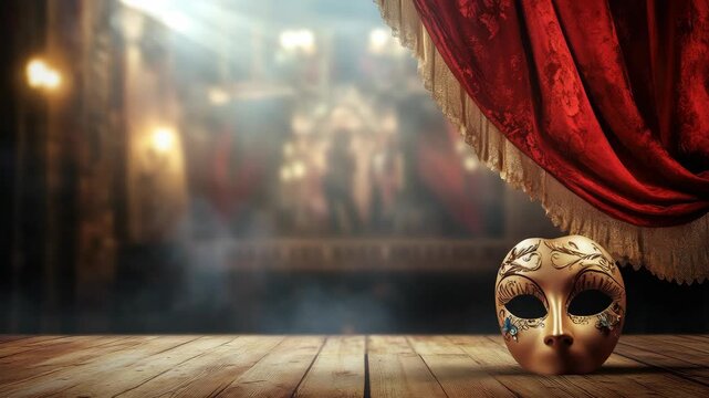Ornate mask on stage with blurred theater backdrop