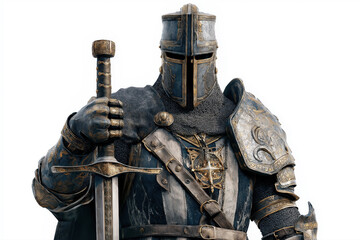 portrait of medieval knight warrior in metal historical armor and helmet armed with sword on a white isolated background