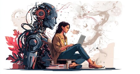 Woman using laptop and AI chat bot for creative services. High quality