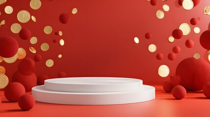 White podium with red spheres and gold coins in a vibrant red background.
