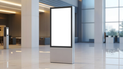 Promote your brand with this modern digital display in a bright, open lobby