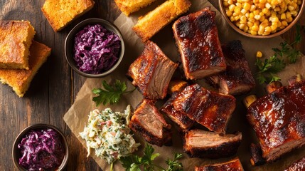 BBQ Feast with Ribs, Corn, Coleslaw, and Cornbread on Wooden Table