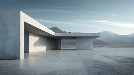 3d render of abstract modern concrete architecture with empty cement floor, minimal exterior, car presentation background. High quality