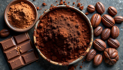 Rich Cocoa Powder Chocolate Bar and Coffee Beans.