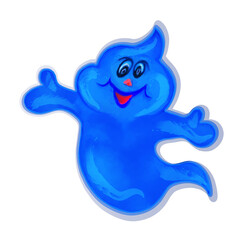 Friendly Cartoon Ghost Illustration in Bright Blue. Cartoon-style blue ghost with cheerful expression and outstretched arms on a white background