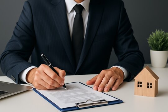 Businessman in a dark pinstripe suit signing a contract at a white office desk with a laptop, house model, and plant. Clean, corporate scene with soft lighting and neutral background.
- Powered by Adobe