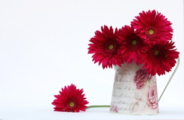 Gerberas in a vase, gift box, greetings, day, holiday, gift, free space