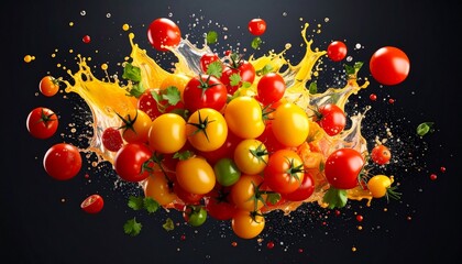 La Tomatina-inspired tomato splash concept: high-speed color flying, festive vibe, commercial-style photography mockup
