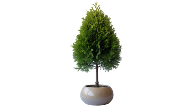 A single small potted evergreen tree with a conical shape against a isolated White background 