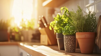 Fresh Herbs in Pots on Kitchen Counter with Warm Natural Light